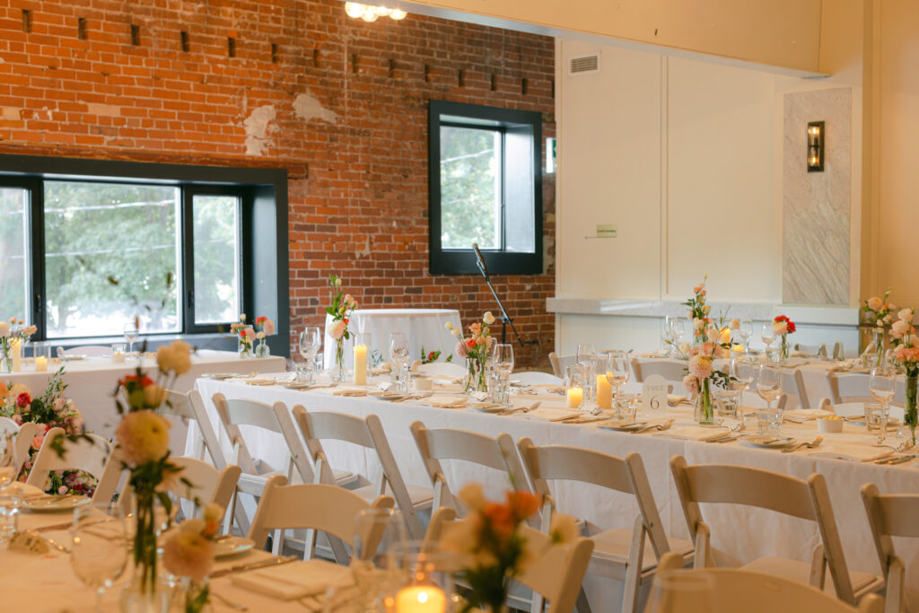 Long tables set for a wedding reception at the Broadview Hotel